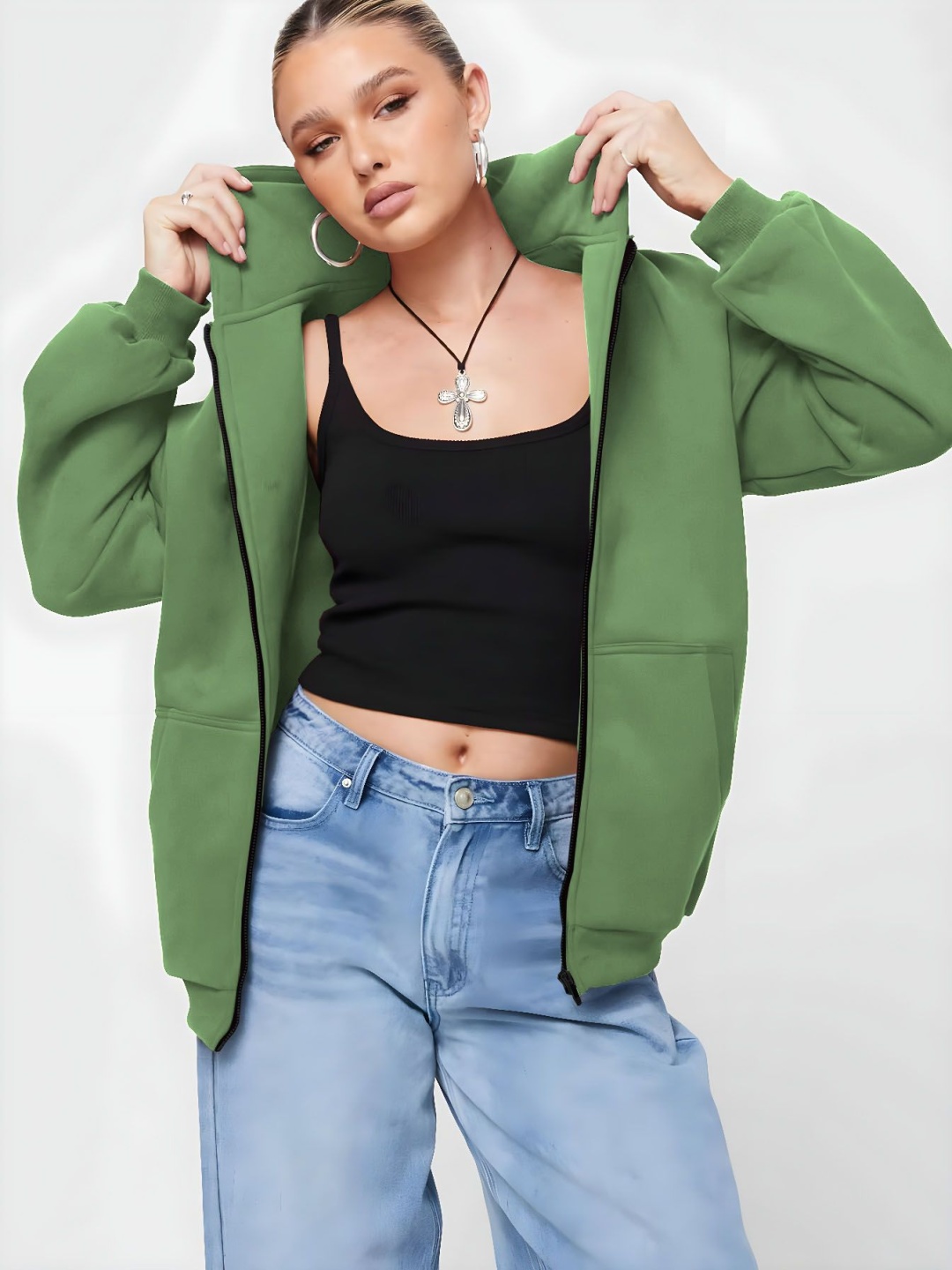 

LECOWAR Women Hooded Solid Fleece Casual Bomber Jacket, Green