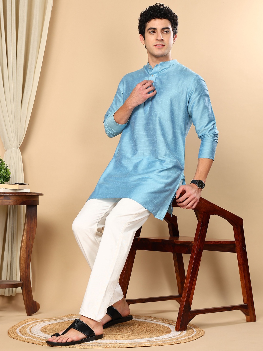 

TATTVA Mandarin Collar Pure Cotton Straight Kurta, Blue