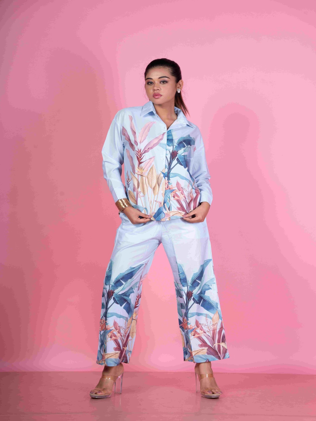

Unityshop Printed Shirt Collar Long Sleeves Shirt With Trouser, Blue