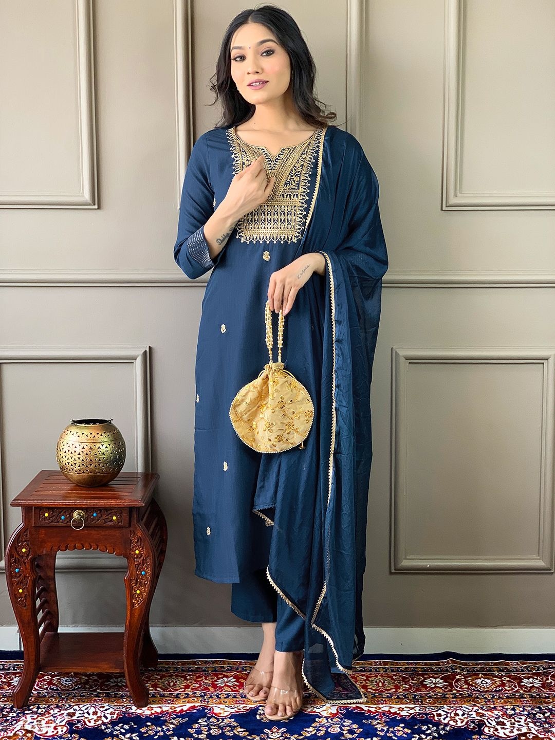 

Fabdeal Floral Embroidered Zari Notch Neck Straight Kurta With Trouser And Dupatta, Blue