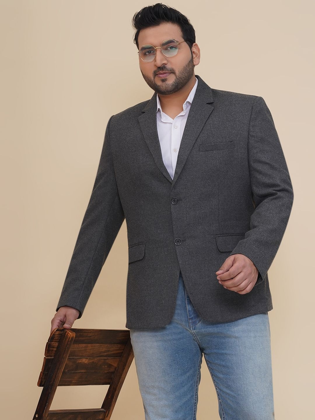 

John Pride Plus Size Wool Notched Lapel Collar Single Breasted Blazer, Grey