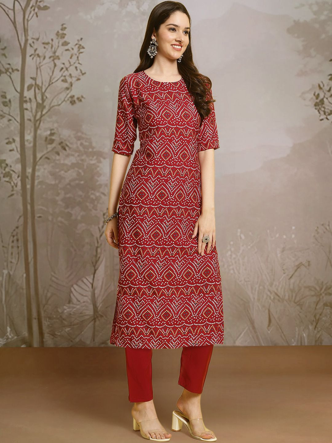 

7Threads Bandhani Printed Round Neck Straight Kurta With Trouser, Maroon