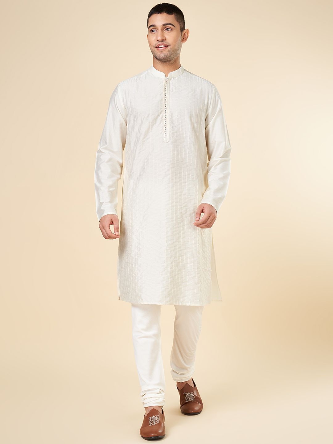 

indus route by Pantaloons Striped Embroidered Mandarin Collar Straight Kurta, Beige