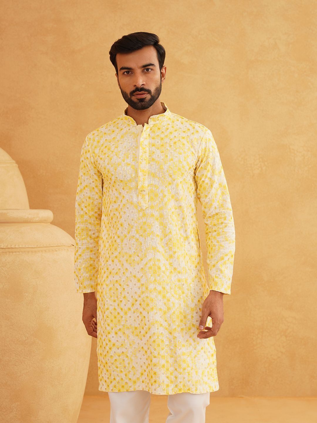 

SOJANYA Geometric Embroidered Sequinned Pure Cotton Straight Kurta With Churidar, Yellow