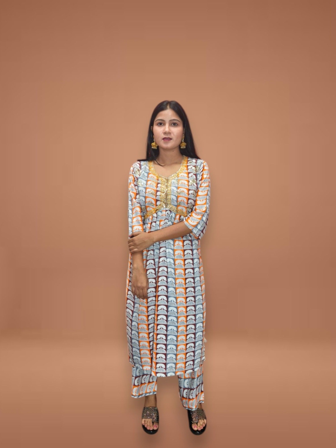 

Ayukti Geometric Printed Pure Cotton Straight Kurta With Palazzo, White