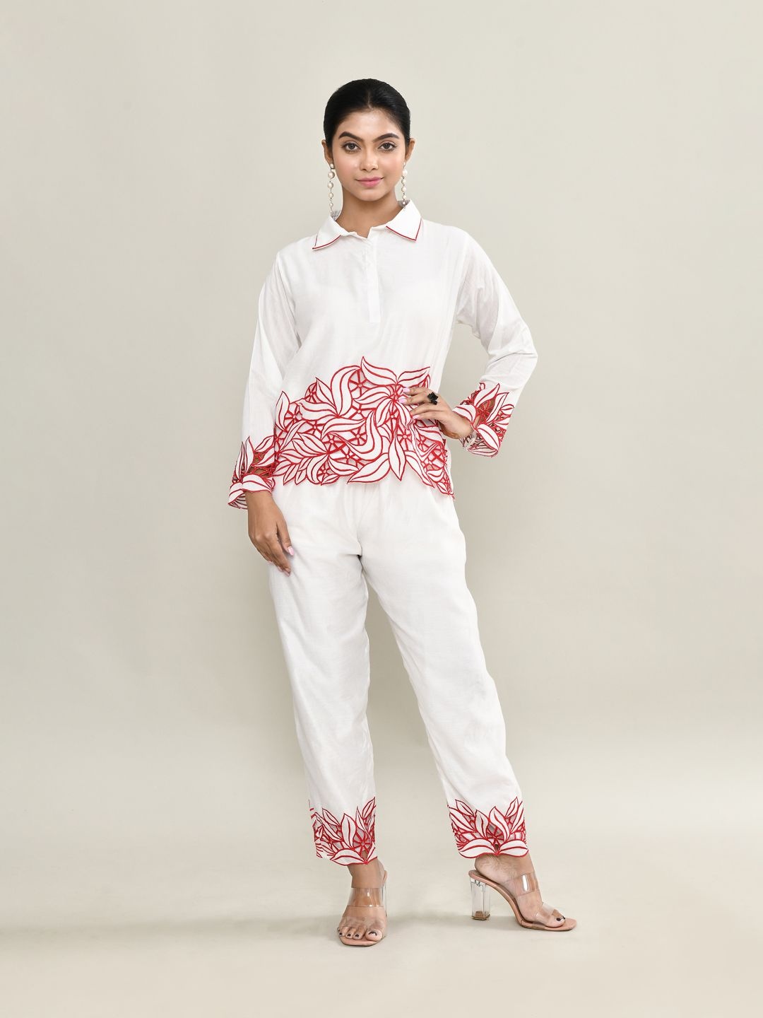 

The Maple Floral Embroidered Shirt Collar Neck Top With Trousers, White