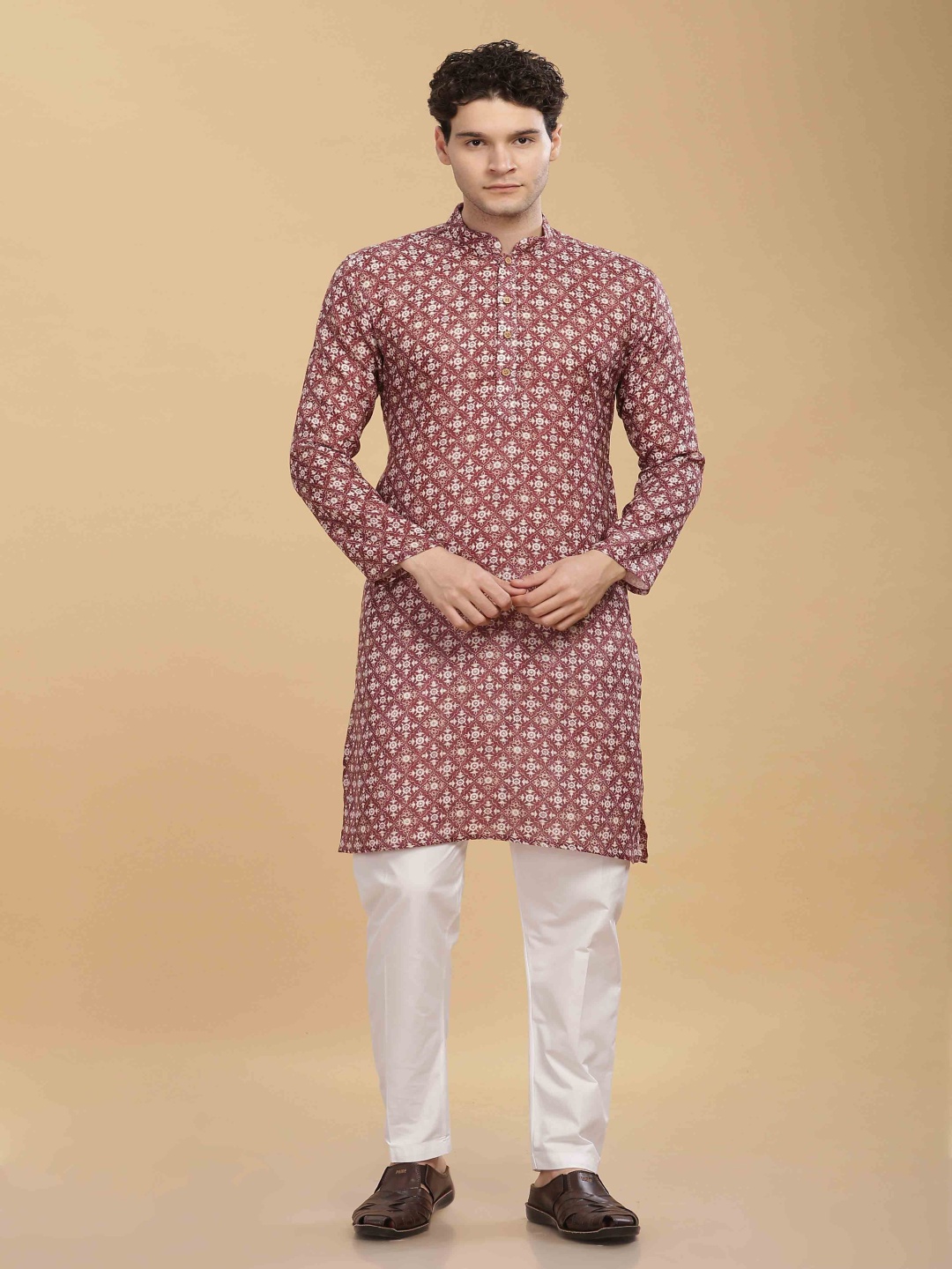 

Anouk Red Ethnic Motifs Printed Mandarin Collar Cotton Straight Kurta