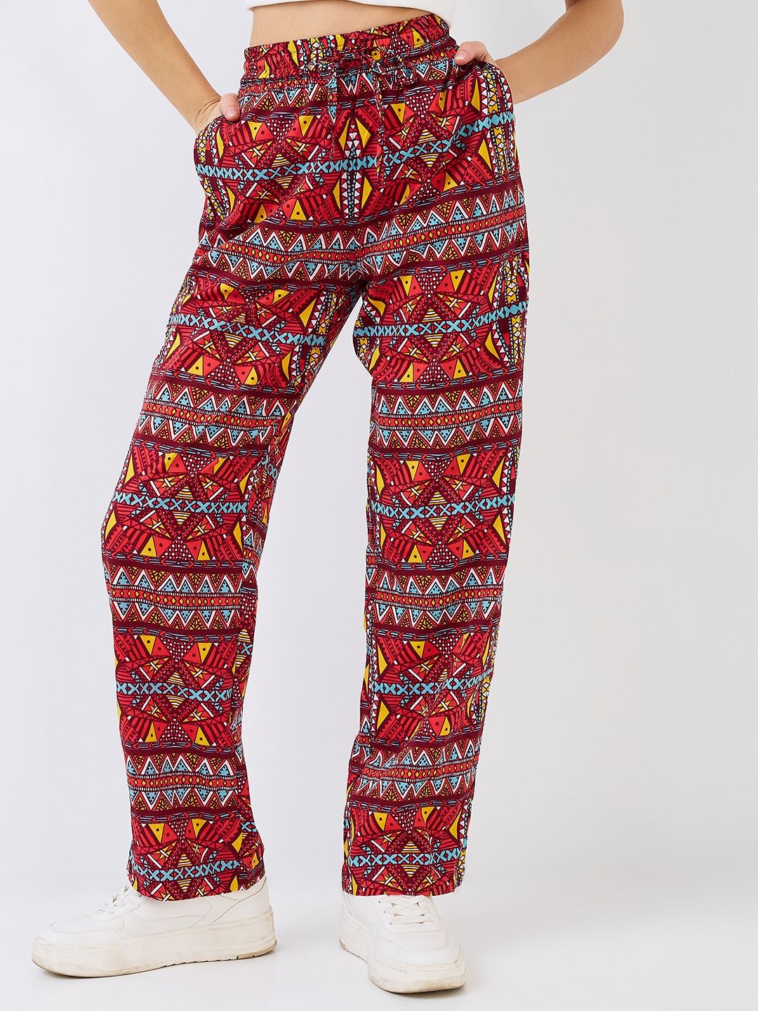 

HERE&NOW Women Ethnic Motifs Printed Mid Rise Trousers, Maroon