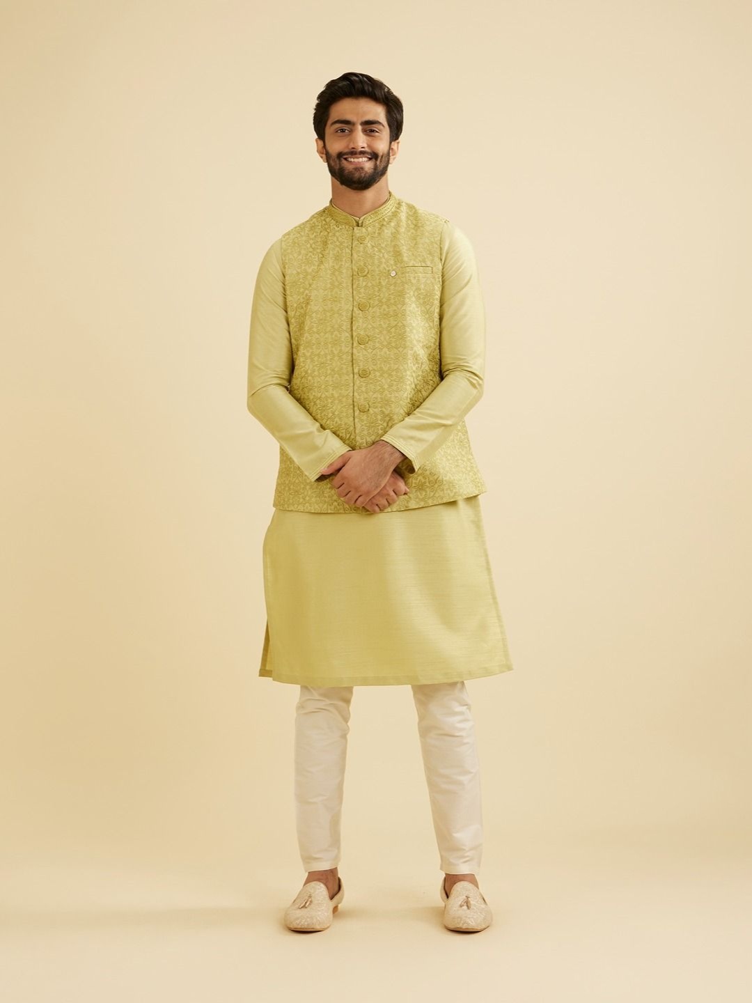

Manyavar Men Regular Kurta with Pyjamas And Jacket, Green