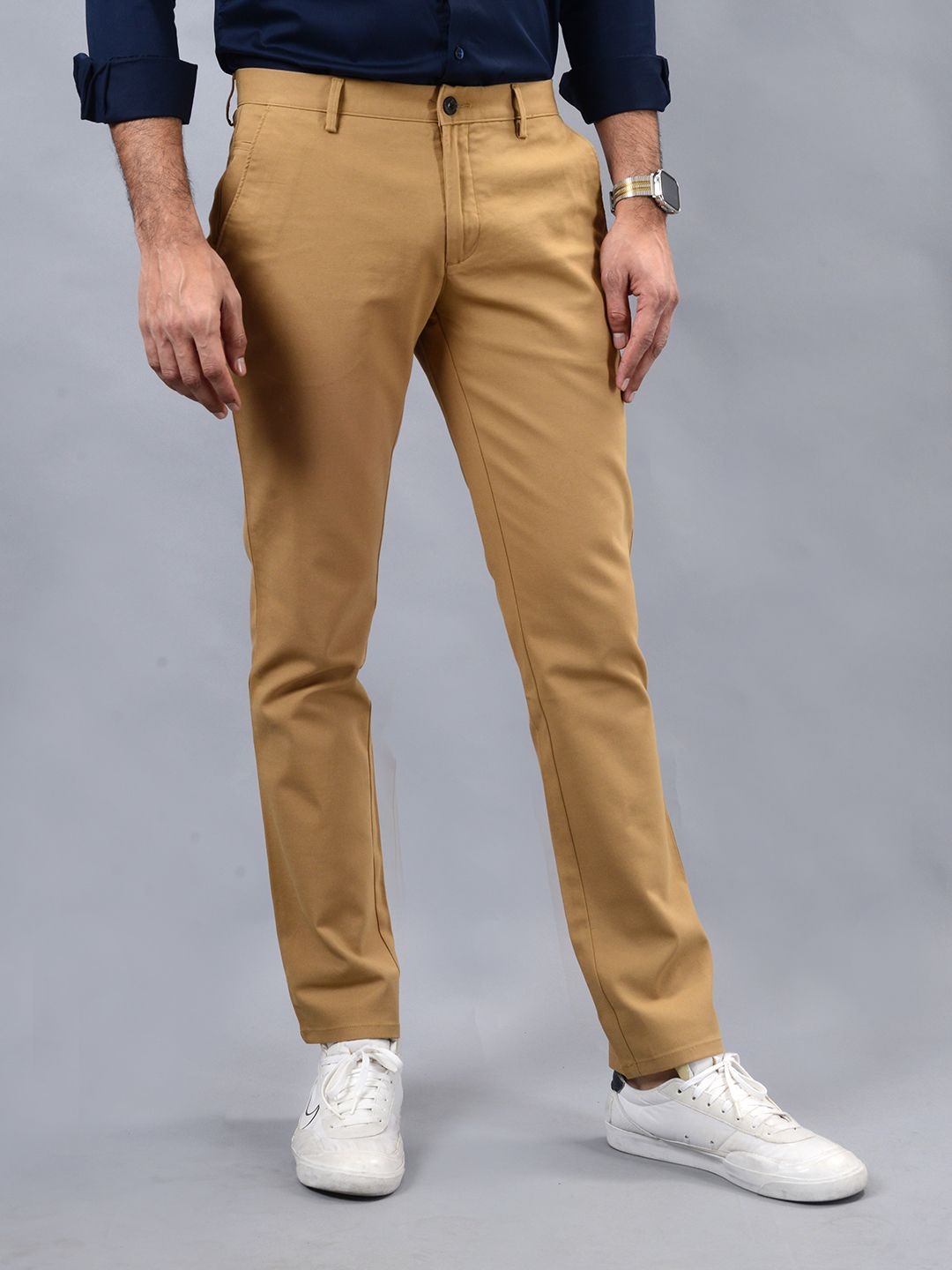 

JADE BLUE Men Cotton Mid-Rise Slim Fit Trousers, Khaki