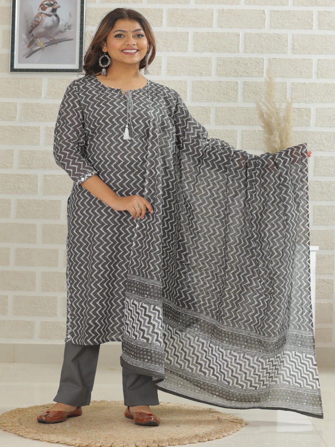 

KALINI Chevron Printed Pure Cotton Straight Kurta With Trousers And Dupatta, Grey