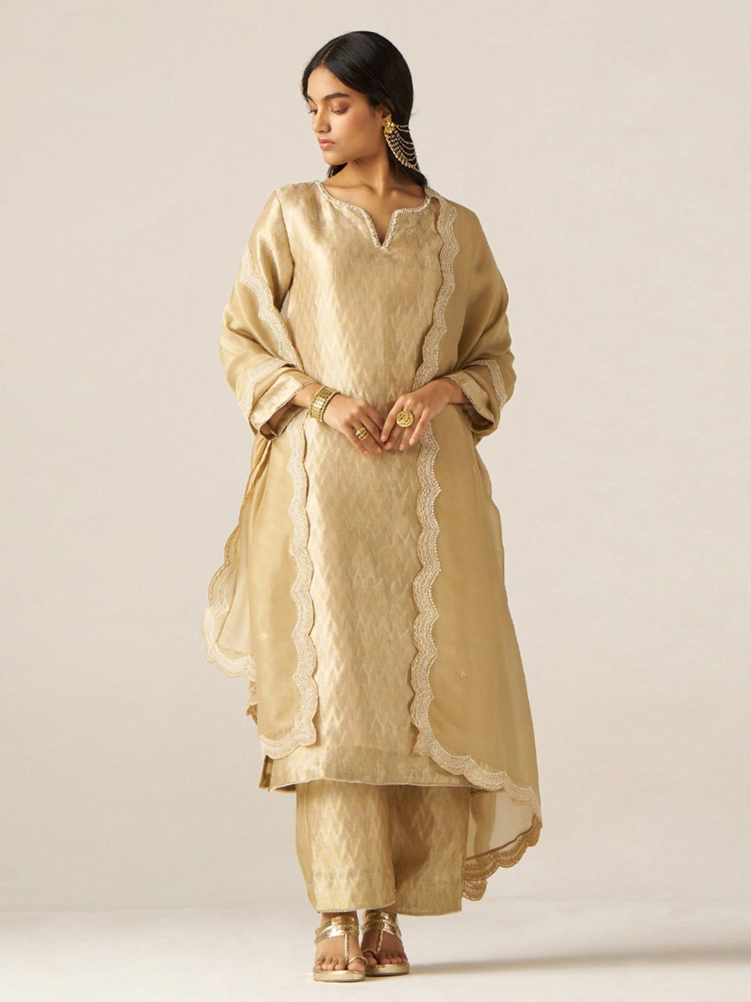 

Ganga Geometric Woven Design Beads and Stones Tissue Straight Kurta With Palazzo & Dupatta, Beige