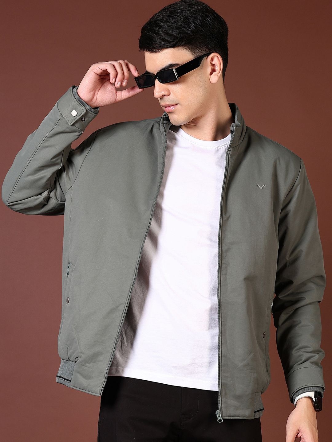 

V-Mart Men Mock Collar Solid Cotton Casual Bomber Jacket, Olive