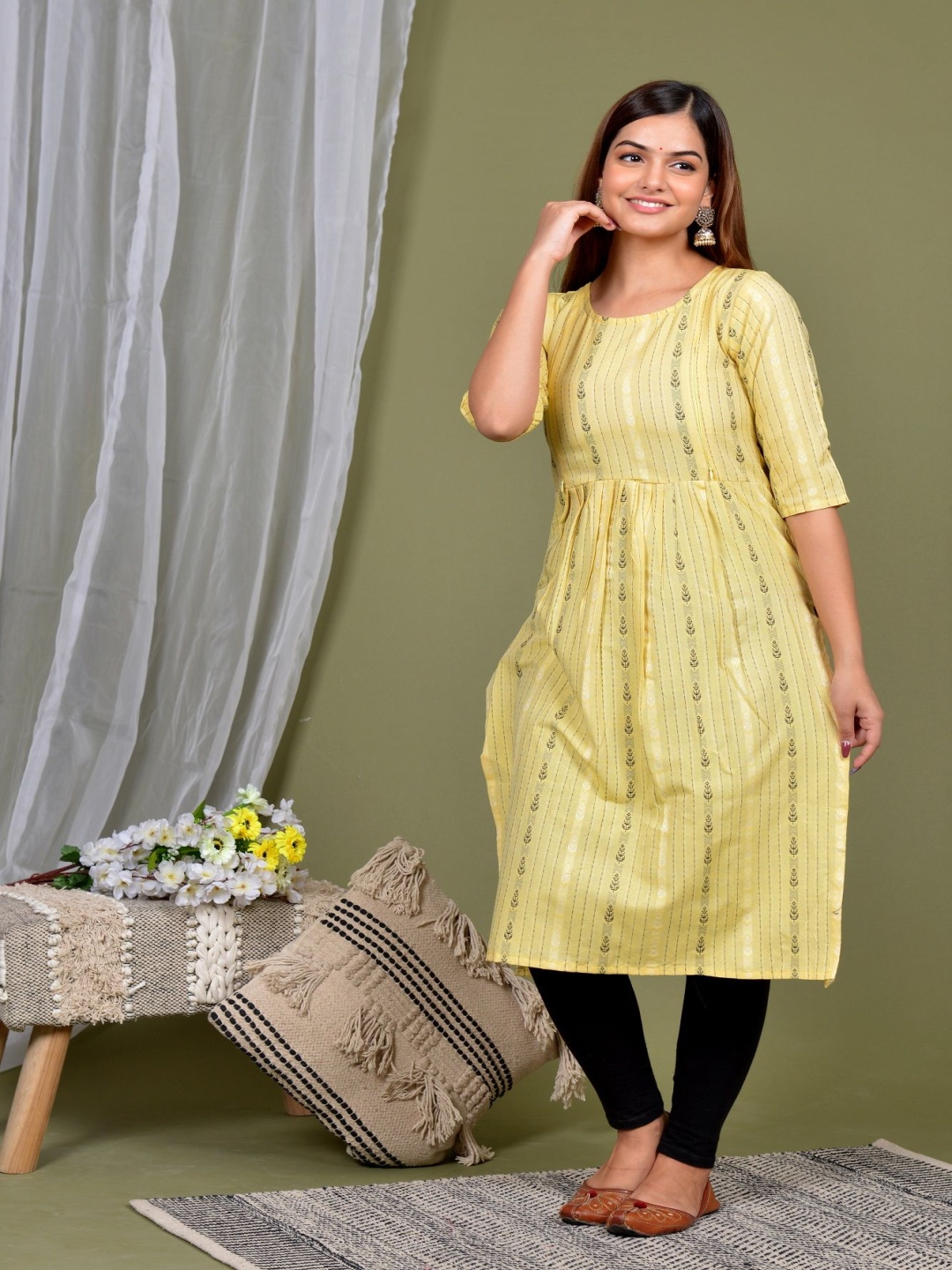 

Lerkiza Ethnic Motif Woven Design Round Neck Anarkali A-Line Pure Cotton Maternity Kurta, Yellow