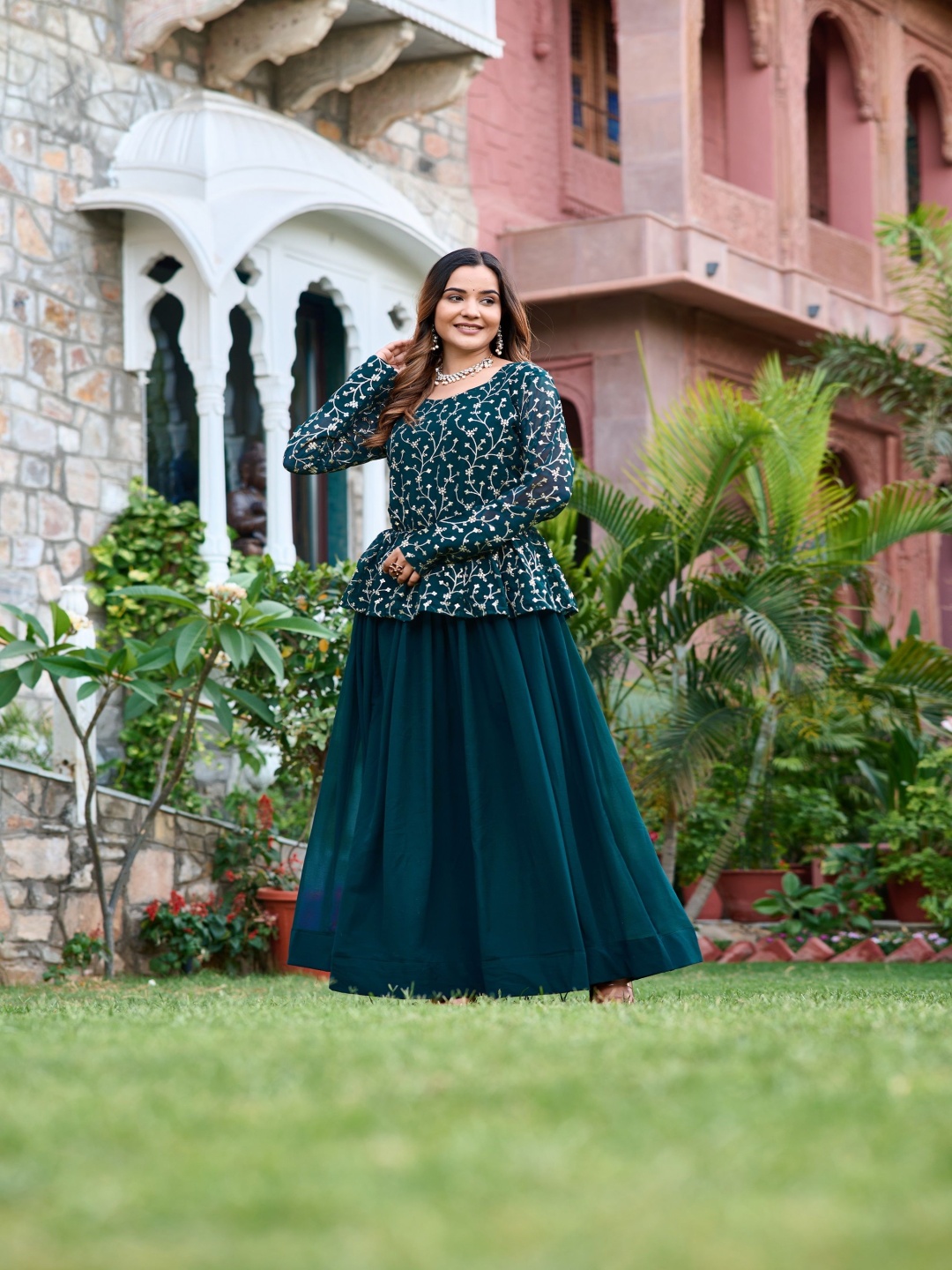 

GRISHU COLLECTION Floral Embroidered Georgette Kurti With Skirt, Green