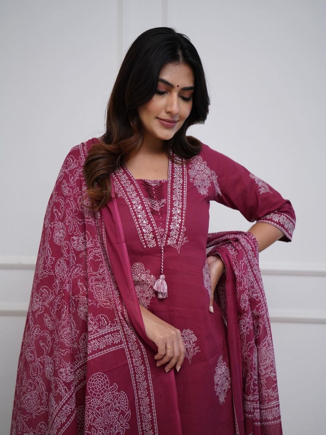 

SHOOLIN Ethnic Motifs Printed Mirror Work Pure Cotton Kurta with Trouser And Dupatta, Magenta
