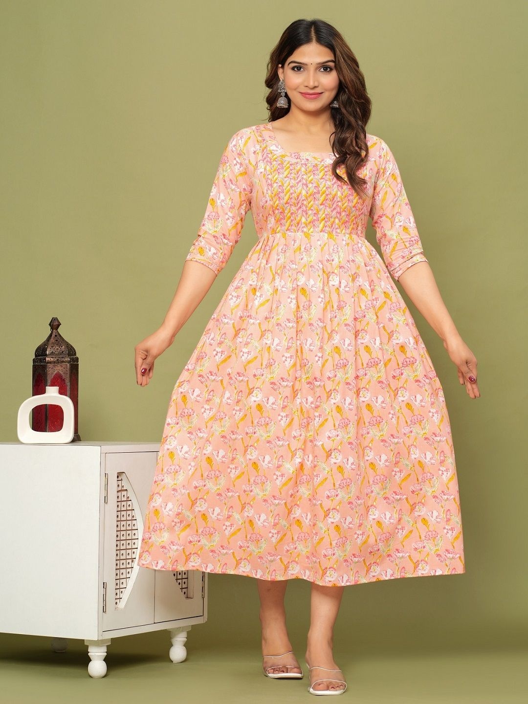 

Nevisha Style Floral Printed Pleated Maternity Pure Cotton Anarkali Kurtas, Peach