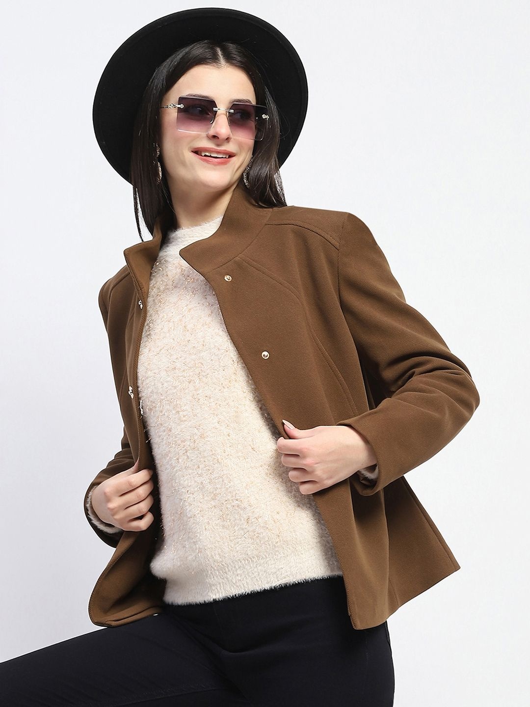 

Madame Stand Collar Single-Breasted Overcoat, Coffee brown