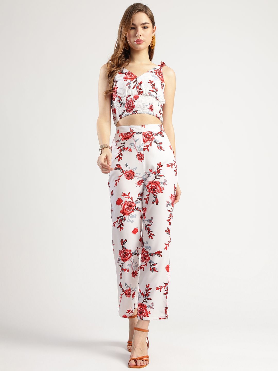 

T TRYON ULTIMATE Floral Printed Sleeveless Crop Top & Palazzos, White
