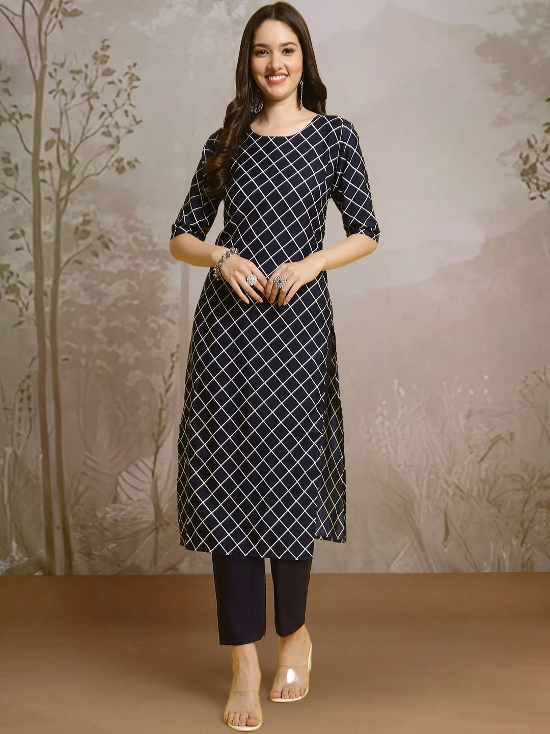 

7Threads Checked Printed Round Neck Straight Kurta With Trousers, Blue