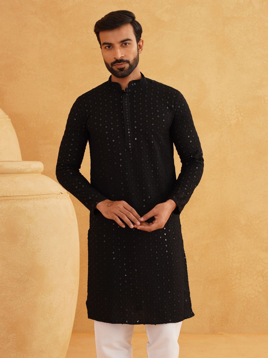 

SOJANYA Woven Design Embroidered Sequinned Pure Cotton Kurta with Pyjama, Black