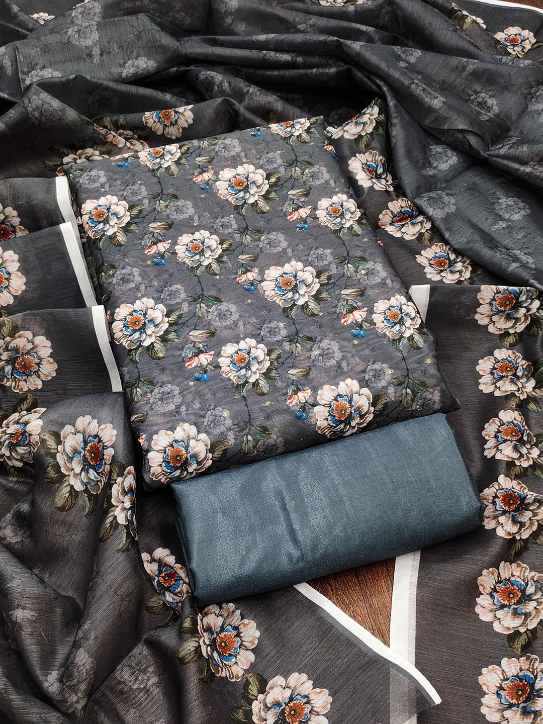 

RUDRAA FAB Floral Printed Unstitched Dress Material, Grey