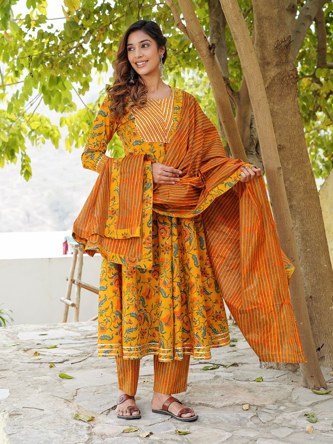 

Jaitpuriya Floral Printed Gotta Patti Pure Cotton Anarkali Kurta With Trousers And Dupatta, Mustard