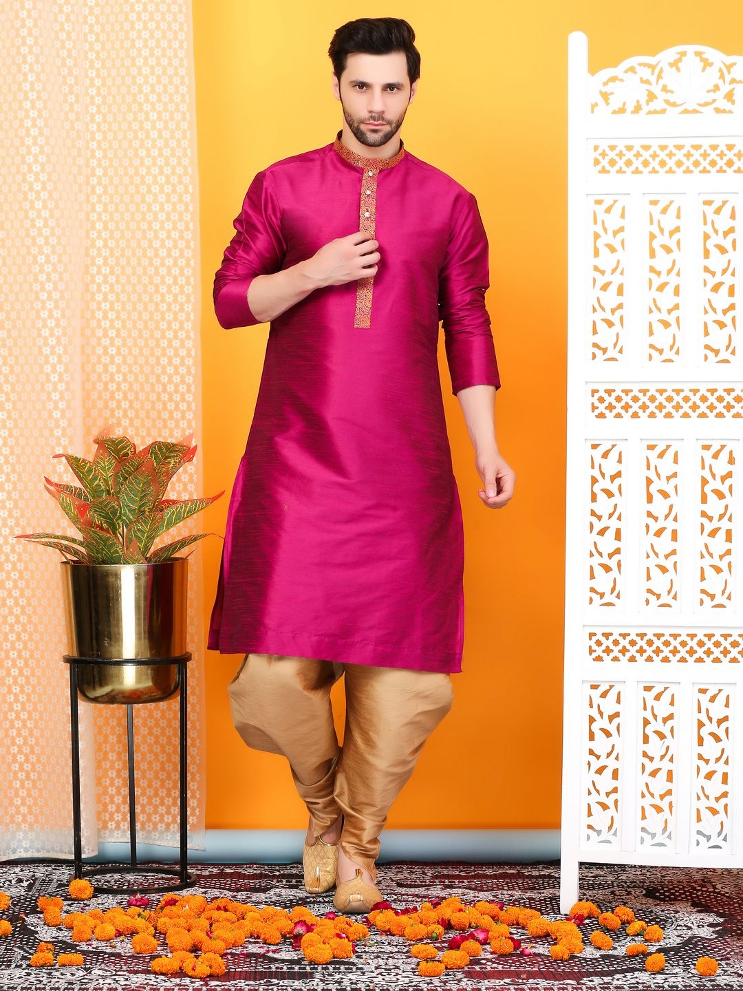 

Larwa Men Floral Zari Embellished Mandarin Collar Straight Dupion Silk Kurta with Salwar, Pink