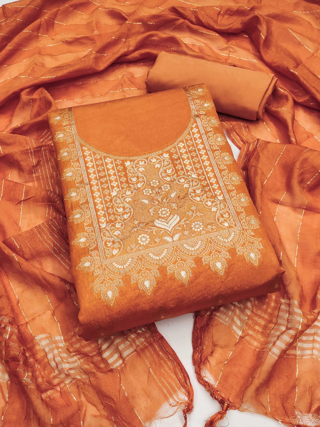 

Panzora Floral Woven Design Dola Silk Unstitched Dress Material, Orange