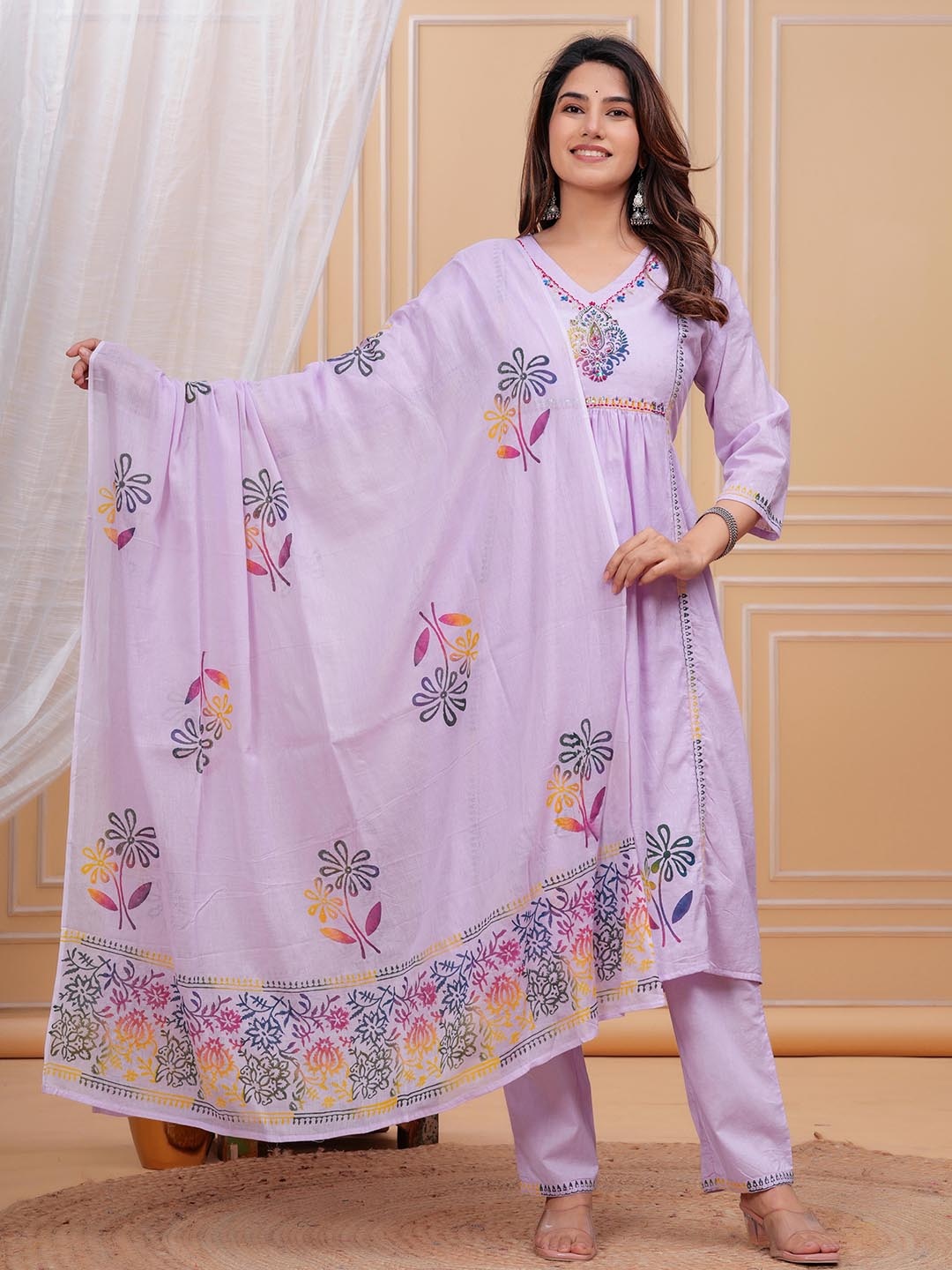 

Meeranshi Floral Printed Pleated A-Line Pure Cotton Kurta With Trouser And Dupatta, Lavender