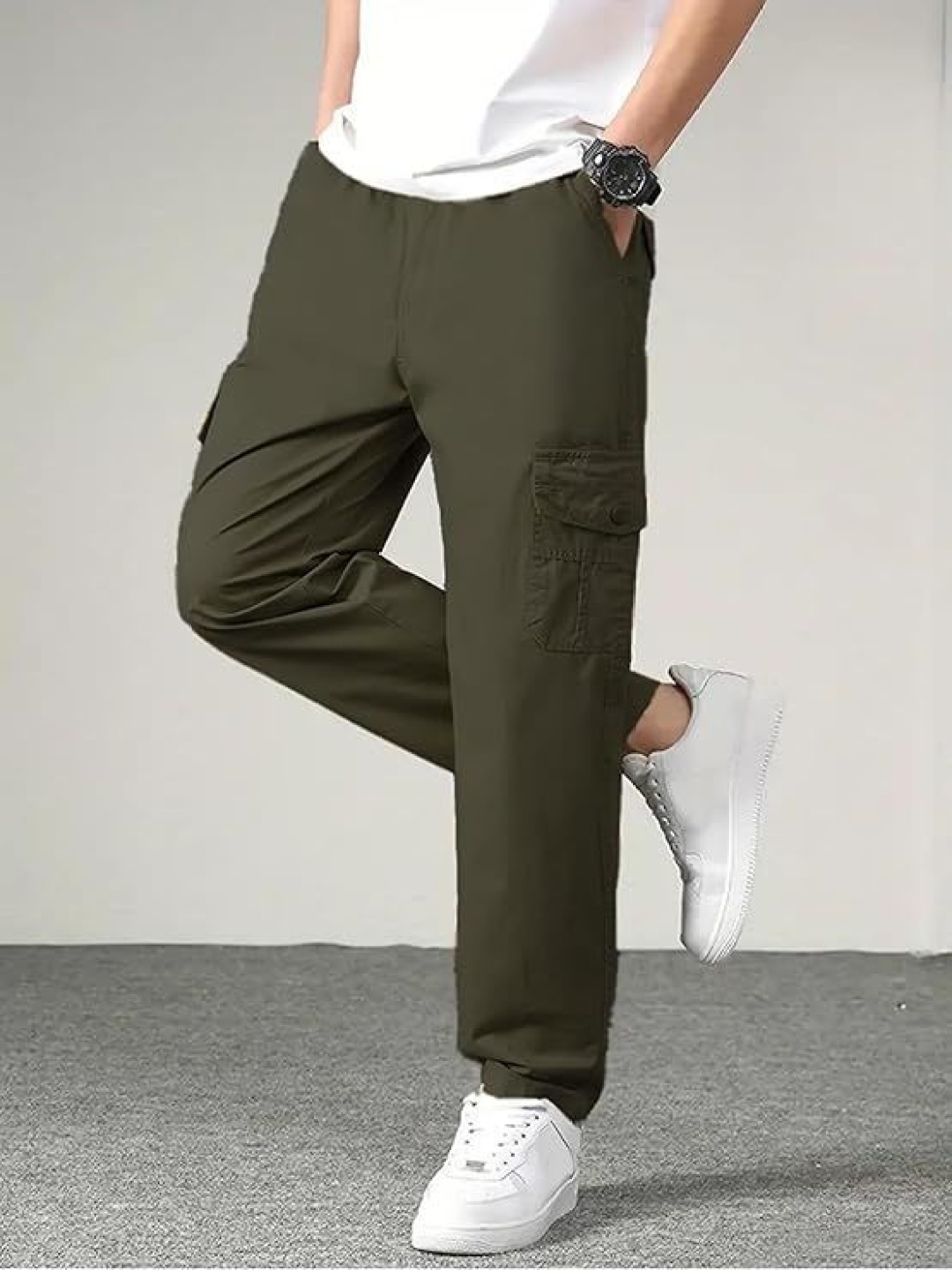 

Fashion2wear Men Relaxed Loose Fit High-Rise Joggers Trousers, Olive