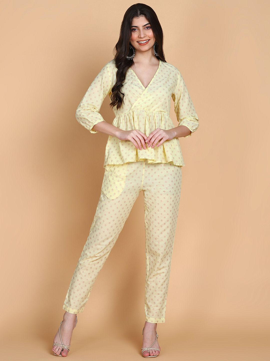 

HERE&NOW Printed V-Neck Three-Quarter Sleeves Pure Cotton Top & Trouser, Yellow