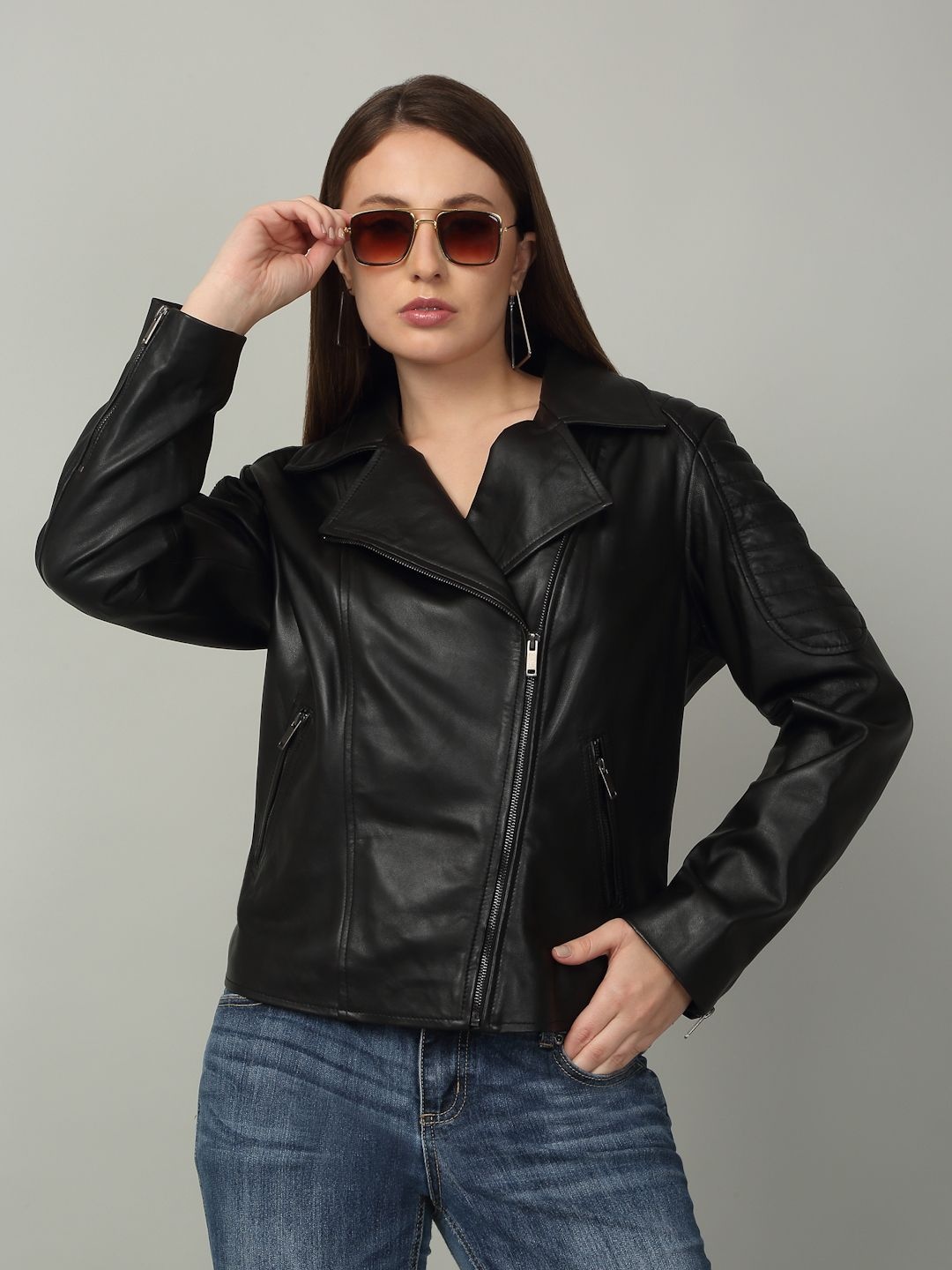 

Teakwood Leathers Women Lapel Collar Solid Leather Casual Leather Lightweight Jacket, Black
