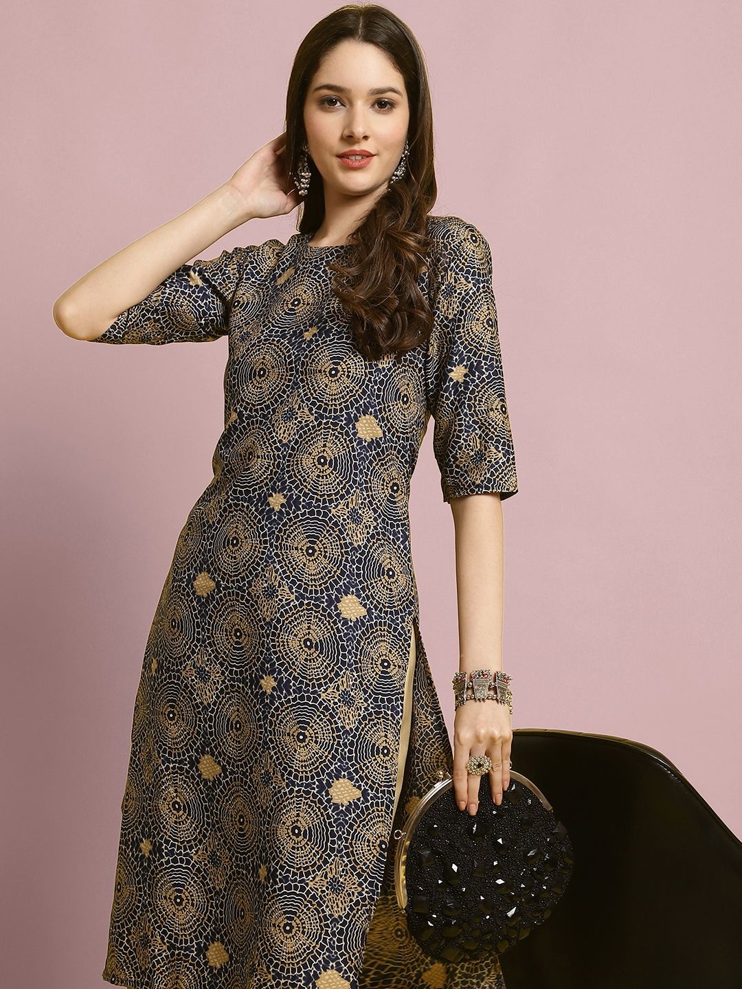 

7Threads Geometric Printed Straight Kurta with Trousers, Blue