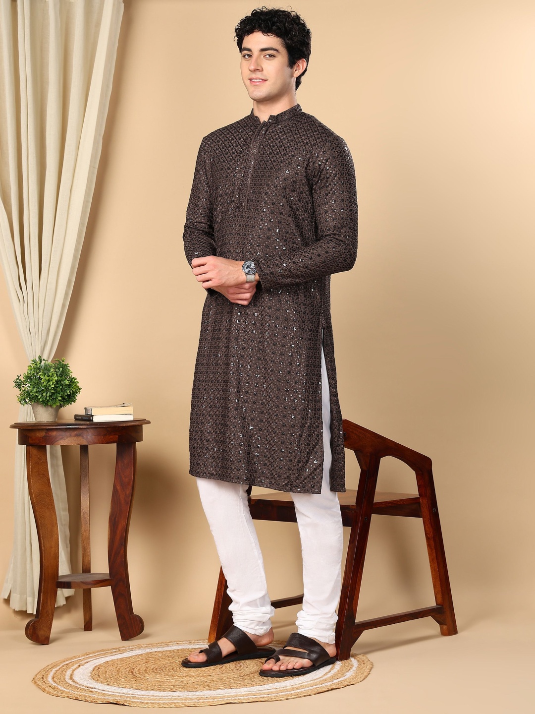 

TATTVA Floral Embroidered Mandarin Collar Sequinned Pure Cotton Straight Kurta With Pyjama, Brown