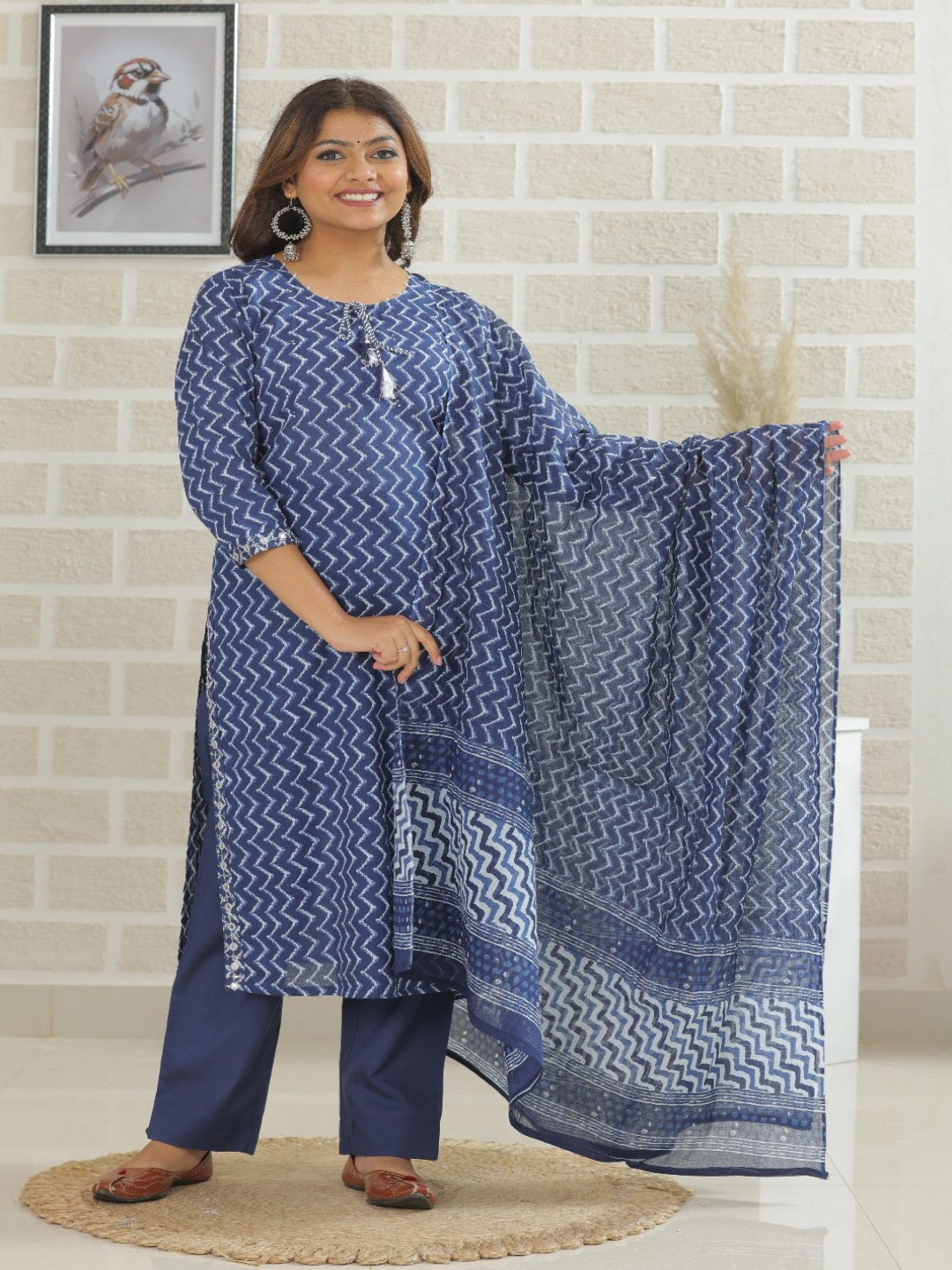 

KALINI Chevron Printed Pure Cotton Straight Kurta With Trousers And Dupatta, Blue