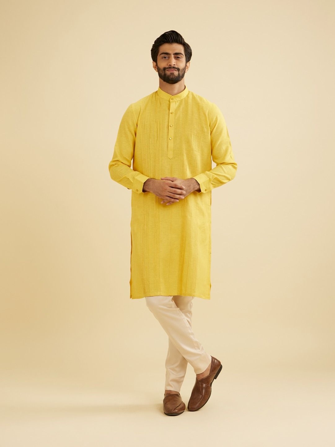 

Manyavar Self Design Tucks Band Collar Straight Kurta, Yellow