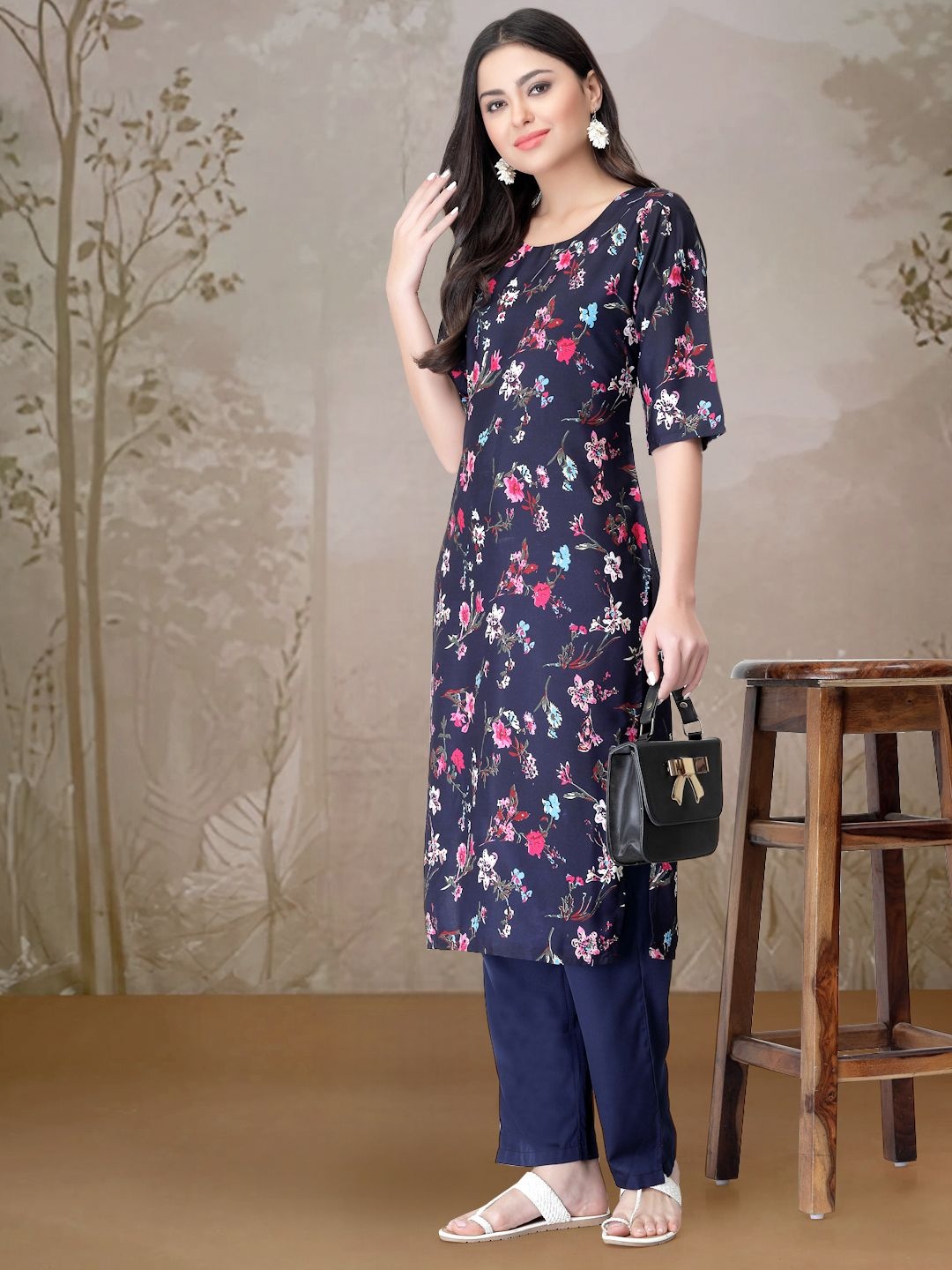 

7Threads Floral Printed Round Neck Straight Kurta With Trouser, Navy blue