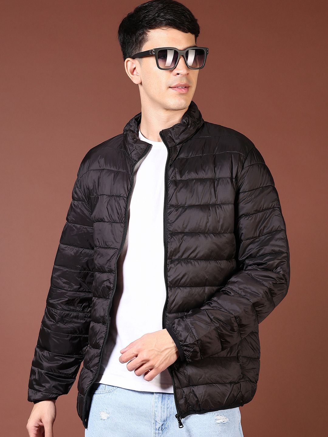 

V-Mart Men Mock Collar Solid Cotton Casual Puffer Jacket, Black