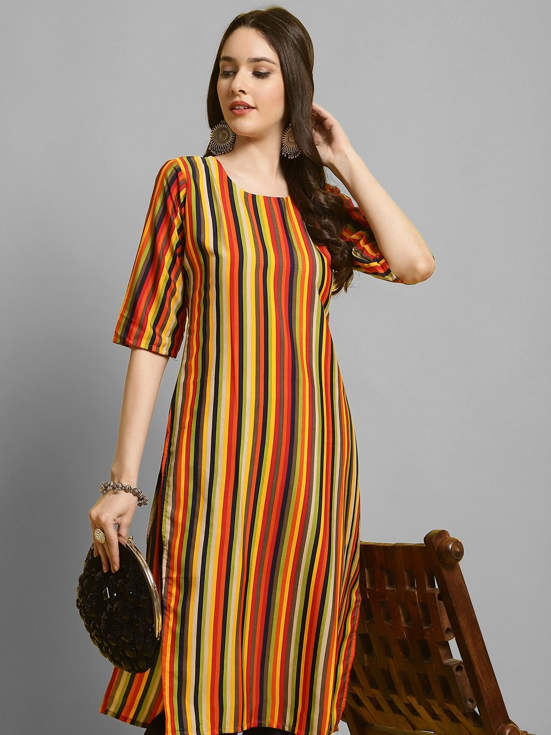 

7Threads Striped Printed Round Neck Straight Kurta With Trousers, Orange