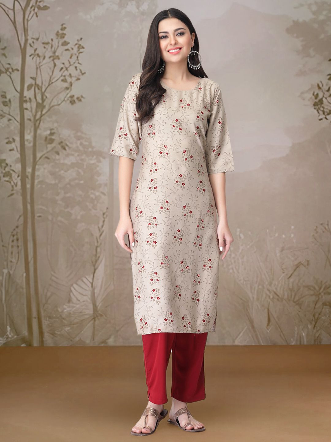 

7Threads Floral Printed Round Neck Straight Kurta With Trousers, Beige