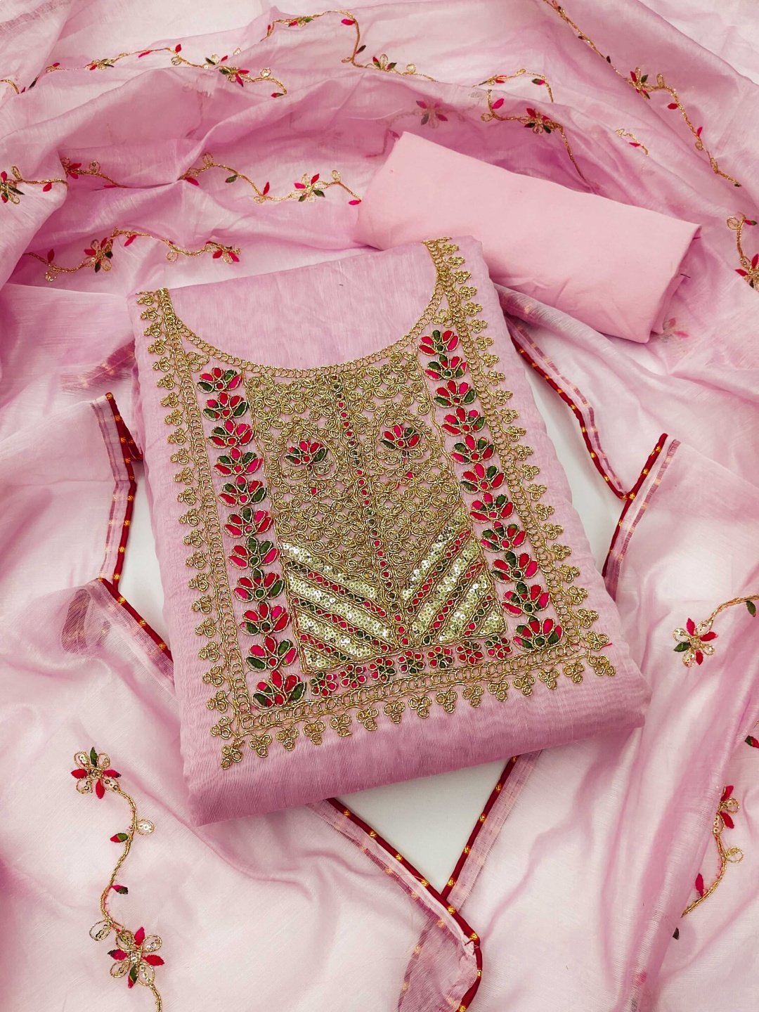 

Panzora Floral Embroidered Sequinned Chanderi Silk Unstitched Dress Material, Pink