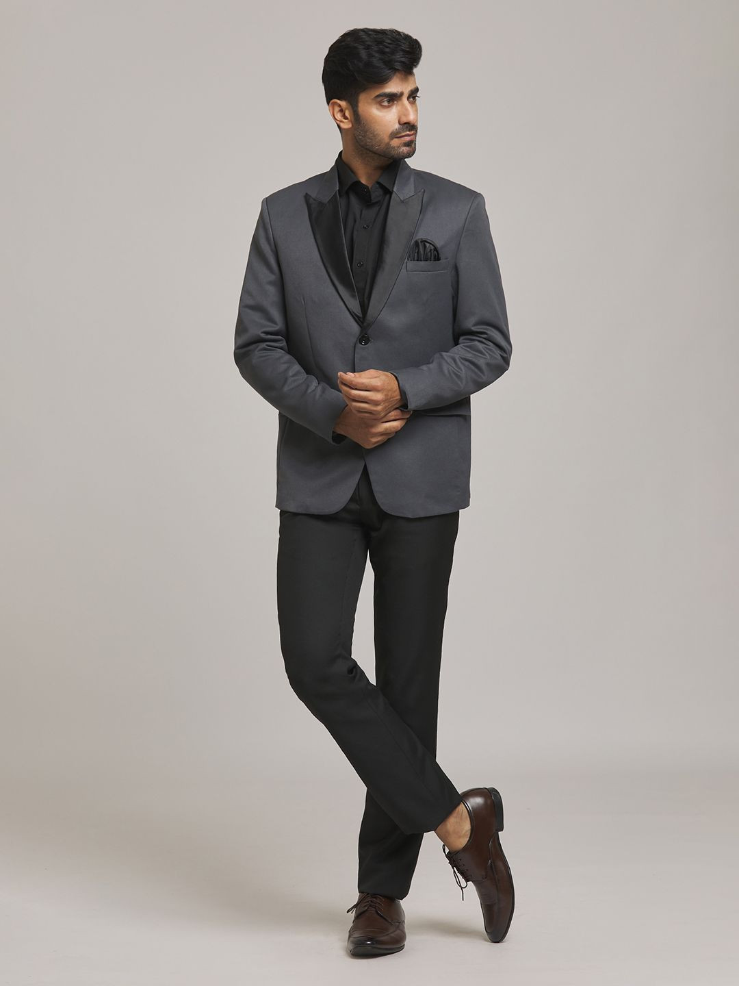 

Aryavir Malhotra Tuxedo Notched Lapel Collar Regular Fit Formal Blazer, Grey