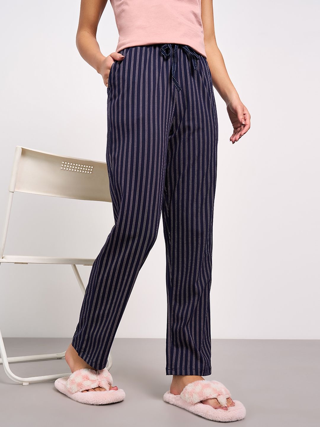 

Dreamz by Pantaloons Women Striped Pure Cotton Relaxed-Fit Straight-Leg Lounge Pants, Navy blue