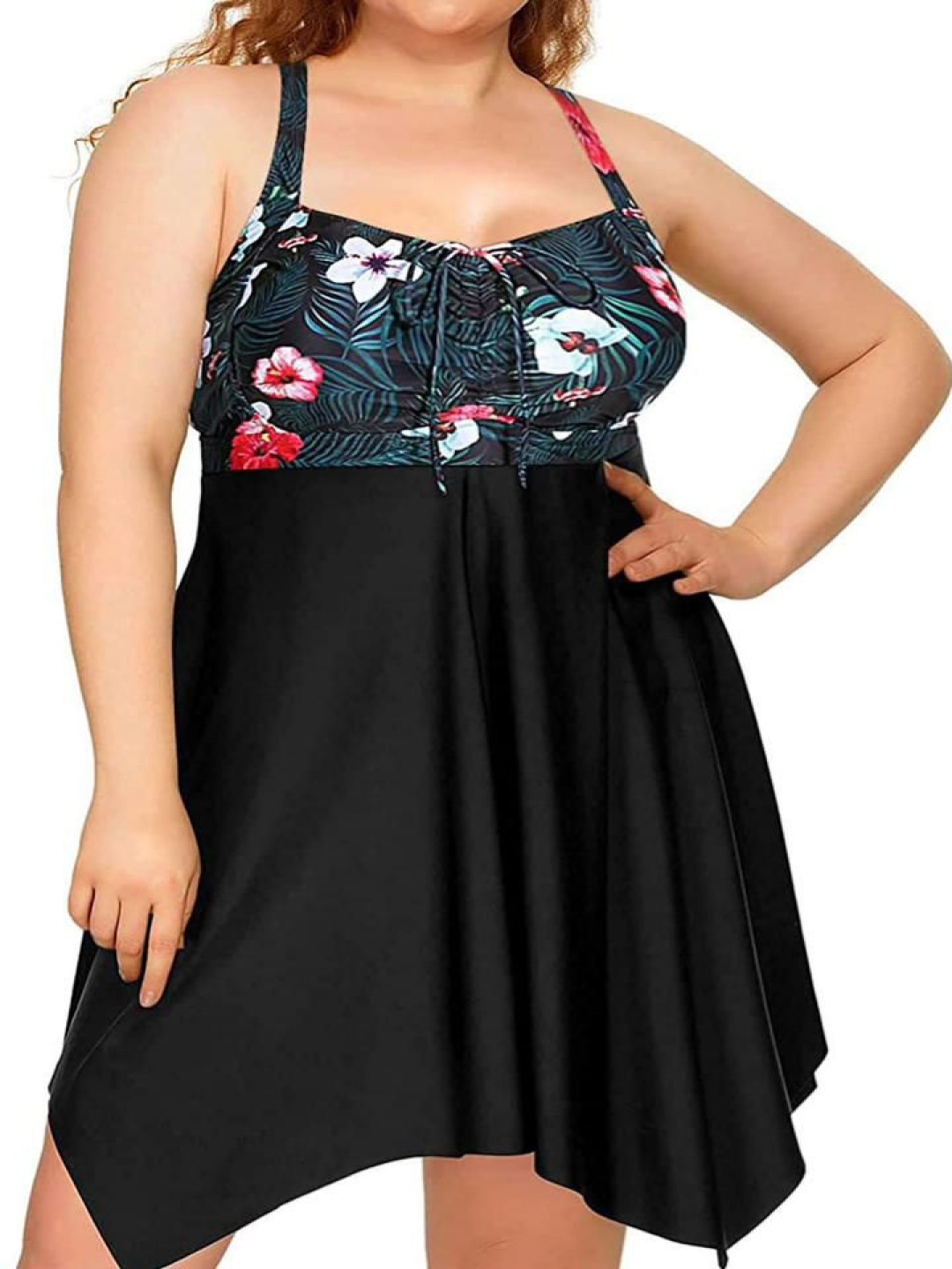 

Plus Curvves Women Plus Size Floral Printed Open Back Criss Cross Swimsuit, Black