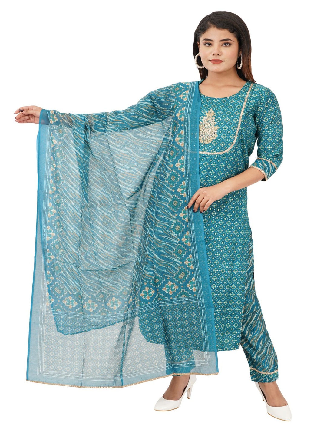 

inkara Floral Printed Gotta Patti Pure Cotton Straight Kurta With Trousers And Dupatta, Blue