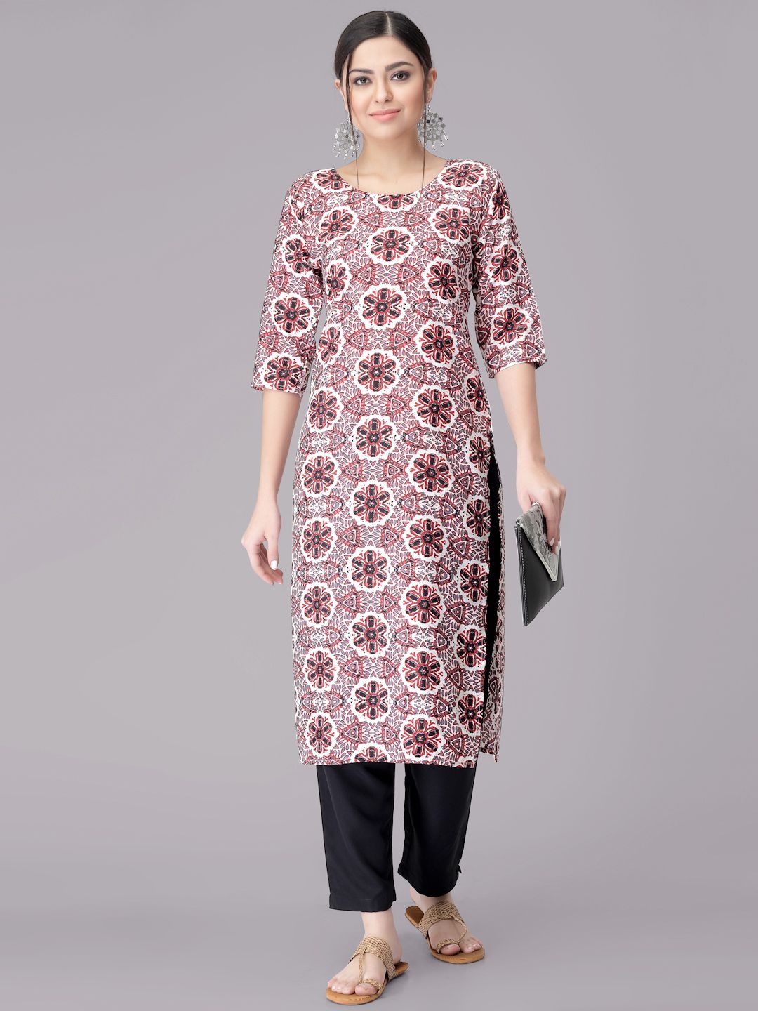 

7Threads Ethnic Motifs Printed Round Neck Straight Kurta With Trousers, Red