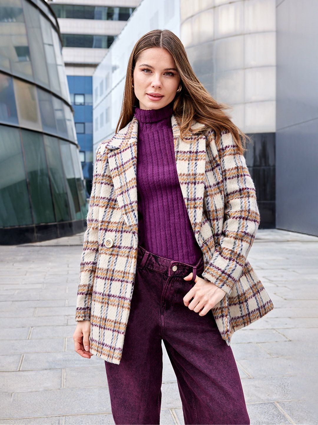 

Madame Checked Double Breasted Overcoat, Beige