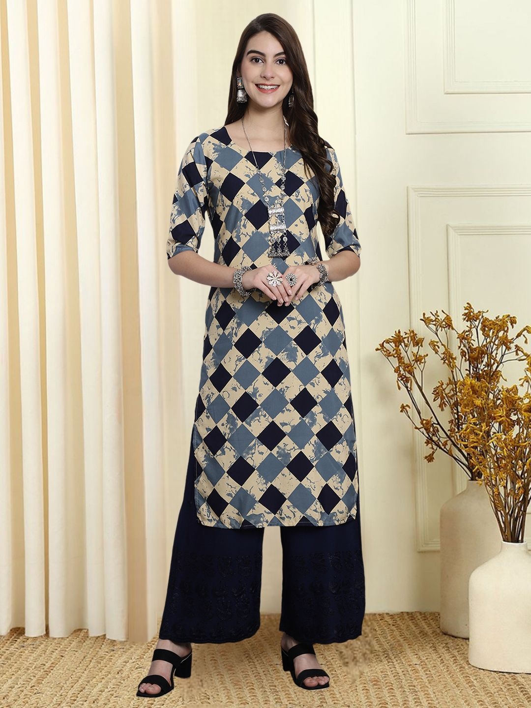 

7Threads Geometric Printed Round Neck Straight Kurta, Beige