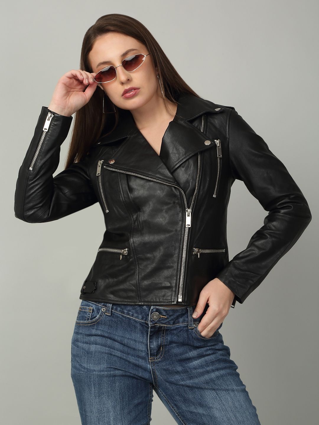 

Teakwood Leathers Women Lapel Collar Solid Leather Casual Lightweight Leather Jacket, Black